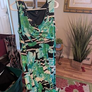 Green and Black Floral Maxi Dress With Rhinestones